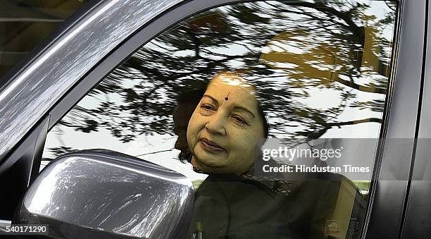 Tamil Nadu Chief Minister J Jayalalithaa after her meeting with MPs of her party seen leaving for her meeting with Prime Minister Narendra Modi at...