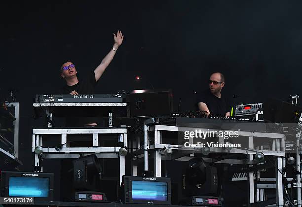 The Chemical Brothers, Tom Rowlands and Ed Simons, perform on the Main Stage on day one of the Parklife 2016 Festival on June 11, 2016 in Manchester,...