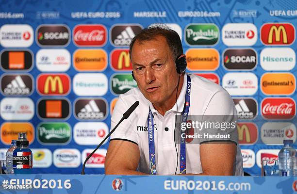 In this handout image provided by UEFA, head coach of Albania Gianni De Biasi faces the media during the Albania Press Conference at Stade Velodrome...