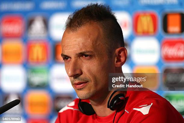 In this handout image provided by UEFA, Ansi Agolli faces the media during the Albania Press Conference at Stade Velodrome on June 14, 2016 in...