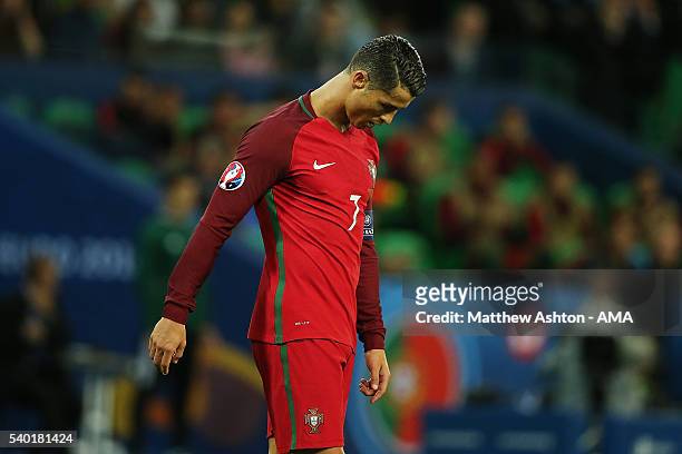 Cristiano Ronaldo of Portugal reacts during the UEFA EURO 2016 Group F match between Portugal and Iceland at Stade Geoffroy-Guichard on June 14, 2016...
