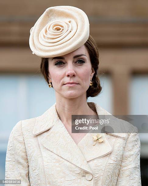 Catherine, Duchess of Cambridge attends the Secretary of State's annual Garden party at Hillsborough Castle on June 14, 2016 in Belfast, Northern...