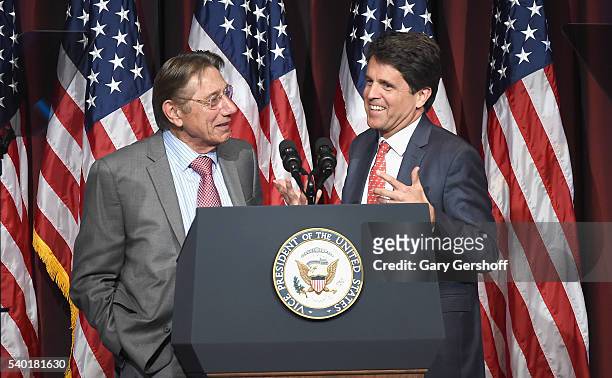 Former NY Jet and Pro Football Hall of Fame quarterback, event honoree Joe Namath and President of Save the Children Action Network, Mark Shriver...