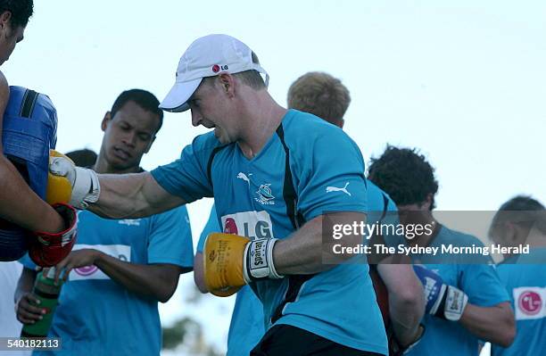 Cronulla Sharks five-eighth Adam Dykes practices some boxing during a team training session at Shark Park, Cronulla, 20 February 2007. SMH SPORT...