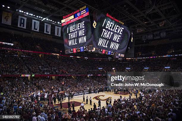 Finals: View of scoreboard that reads I BELIEVE THAT WE WILL WIN during Cleveland Cavaliers vs Golden State Warriors game at Quicken Loans Arena....