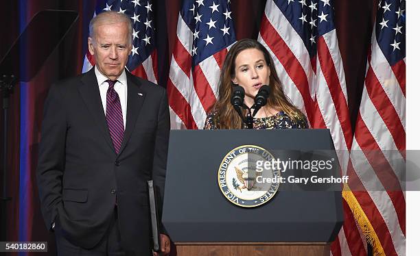 Event honoree, Vice President of the United States Joe Biden is introduced by daughter Ashley Biden on stage during the 75th Annual Father Of The...