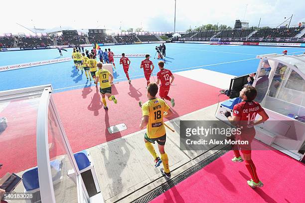 Teams run out prior to the FIH Mens Hero Hockey Champions Trophy match between Australia and Belgium at Queen Elizabeth Olympic Park on June 14, 2016...