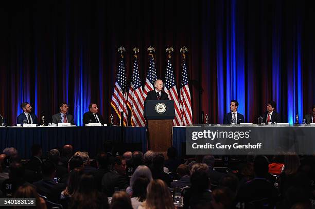 Event honoree, Vice President of the United States Joe Biden speaks on stage during the Father Of The Year Awards Luncheon at The New York Marriott...