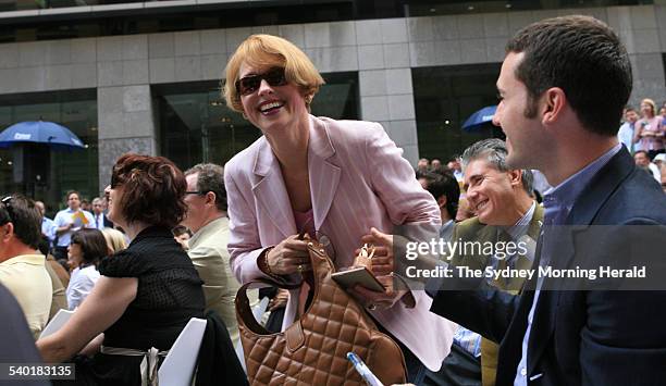 The Golden Slipper Barrier draw in Martin Place. Gai Waterhouse after her hilarious speech, 27 March 2007. SMH Picture by TIM CLAYTON