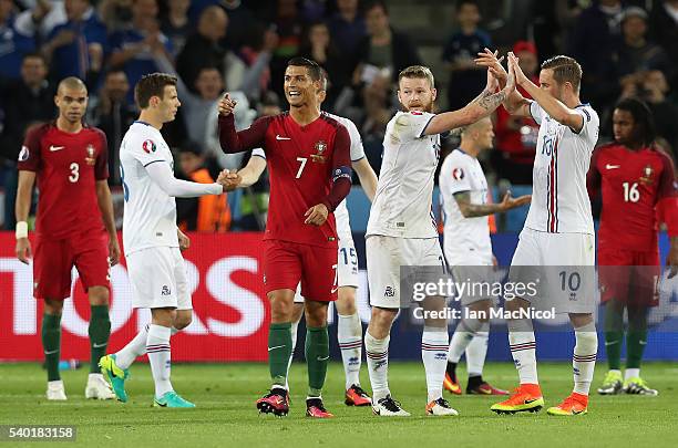 Cristiano Ronaldo of Portugal reacts at full time during the UEFA EURO 2016 Group F match between Portugal and Iceland at Stade Geoffroy-Guichard on...