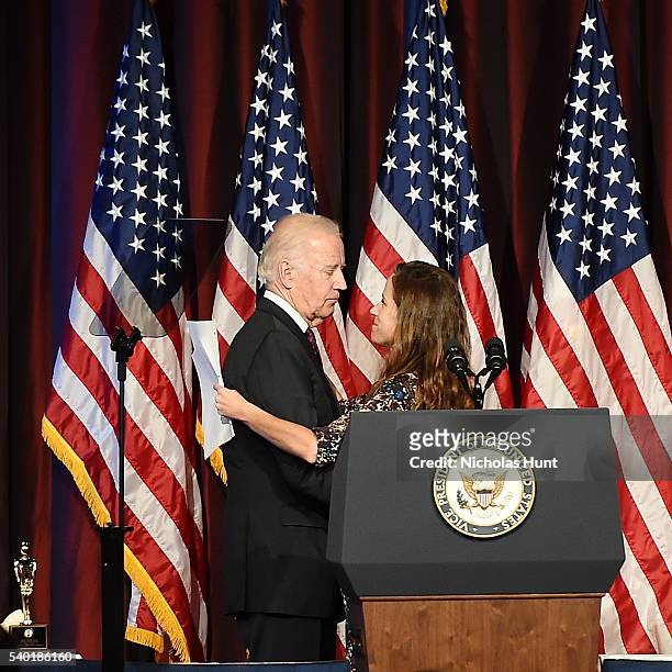 Vice President of the United States, event honoree Joe Biden receives a hug from daughter Ashley Bidenon stage during the 75th Annual Father Of The...