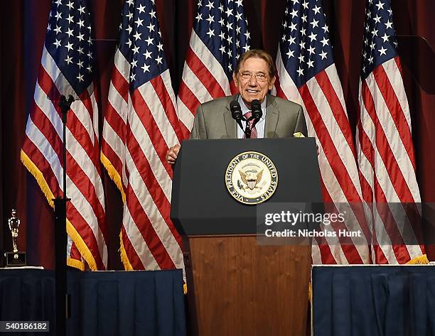 Former NY Jet and Pro Football Hall of Fame quarterback, event honoree Joe Namath speaks at the 75th Annual Father Of The Year Awards Luncheon at New...
