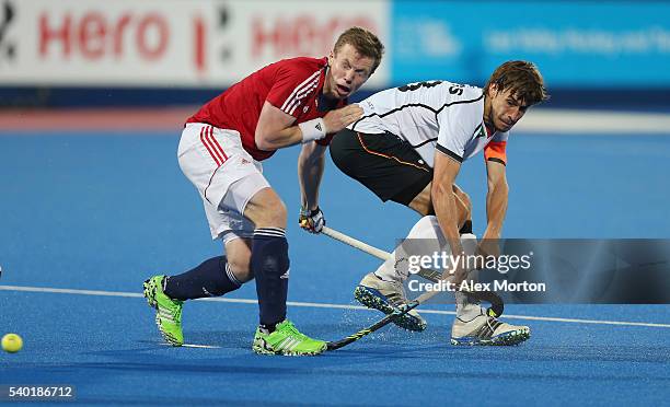 Florian Fuchs of Germany and Ian Sloan of Great Britain during the FIH Mens Hero Hockey Champions Trophy match between Great Britain and Germany at...