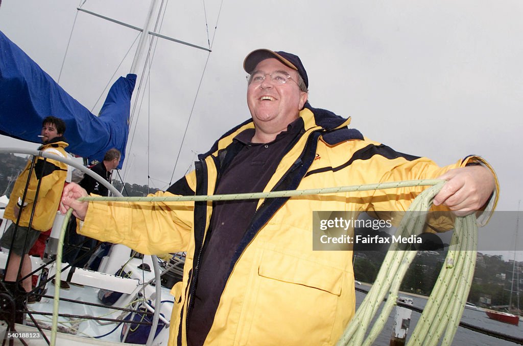 Talkback radio host Stan Zemanek on his yacht 2GB Titan Ford, arrives at Middle