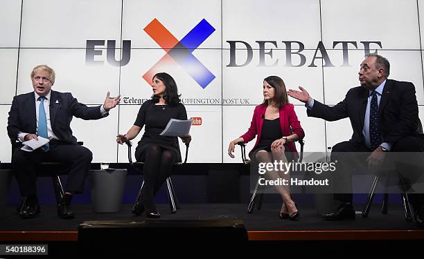 In this handout photo issued by the Daily Telegraph, Boris Johnson, host Aasmah Mir, Liz Kendall and Alex Salmond take part in a Huffington...