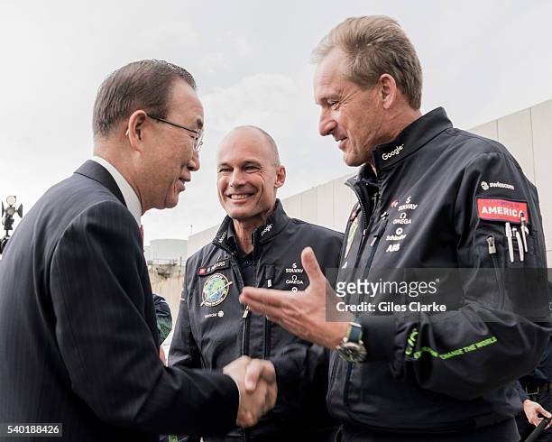Secretary General Ban Ki-moon with Solar Impulse pilots Bertrand Piccard and Andre Borschberg at JFK airport on June 13, 2016 in New York, NY. The...