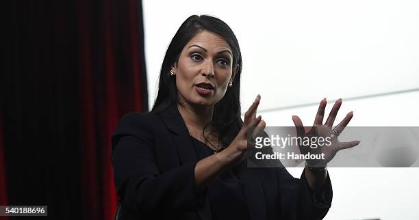 In this handout photo issued by the Daily Telegraph, Priti Patel takes part in a Huffington Post/Daily Telegraph EU debate on June 14, 2016 in...