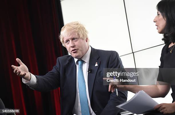 In this handout photo issued by the Daily Telegraph, Boris Johnson takes part in a Huffington Post/Daily Telegraph EU debate on June 14, 2016 in...