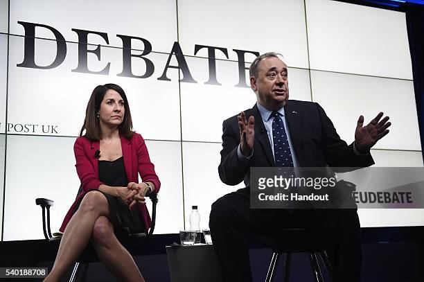 In this handout photo issued by the Daily Telegraph, Liz Kendall and Alex Salmond take part in a Huffington Post/Daily Telegraph EU debate on June...