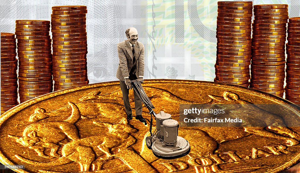 Man polishing dollar coin with old fashioned floor polisher