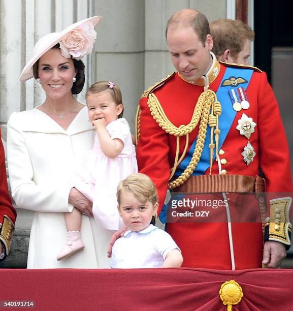 Catherine, Duchess of Cambridge, Princess Charlotte of Cambridge, Prince George of Cambridge and Prince William, Duke of Cambridge during the...