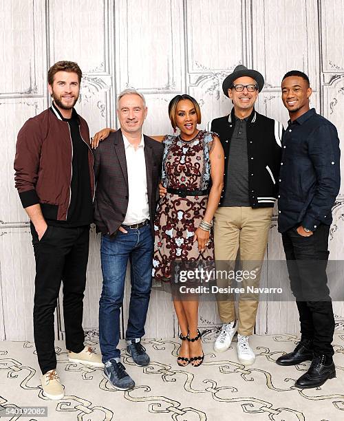 Actors Liam Hemsworth, director Roland Emmerich, Vivica Fox, Jeff Goldblum and Jessie T. Usher attend AOL Build Speaker Series 'Independence Day:...