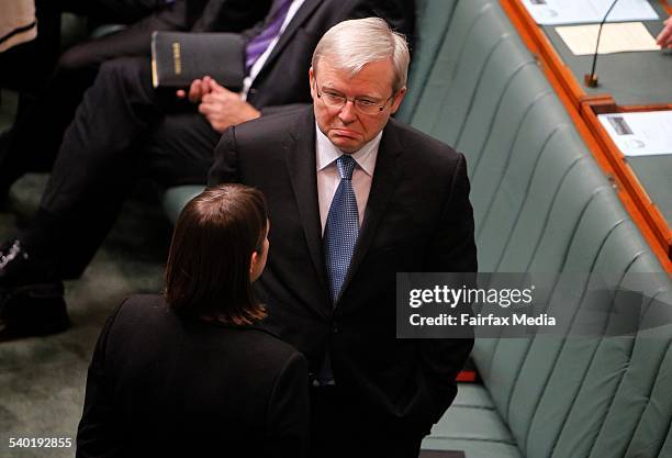 Foreign Minister Kevin Rudd talks with Health Minister Nicola Roxon during the opening ceremony of the 43rd Parliament of Australia at Parliament...
