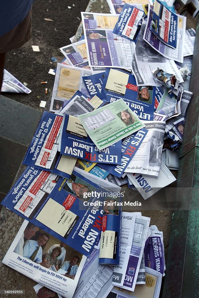 NSW State Election 2007. Wasted voting pamphlets lie abandoned after the New Sou