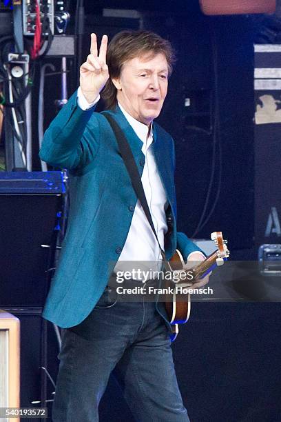 British singer Paul McCartney performs live during a concert at the Waldbuehne on June 14, 2016 in Berlin, Germany.