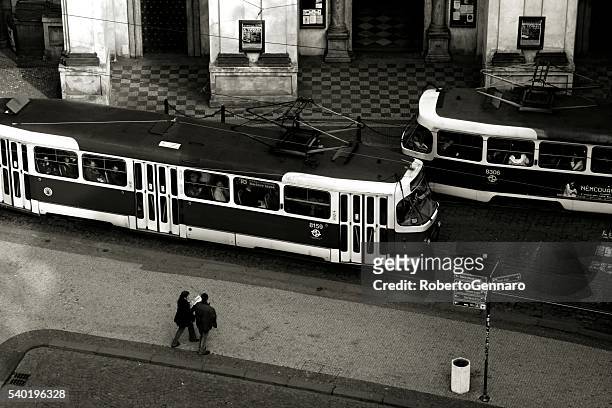 high angle view urban scene prague czech republic - prague tram stock pictures, royalty-free photos & images