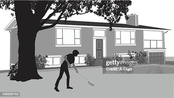 spring yard cleanup - front lawn stock illustrations