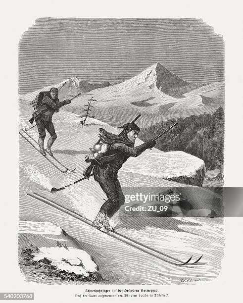 stockillustraties, clipart, cartoons en iconen met skiing hunters in norway, wood engraving, published in 1872 - scandinavian descent