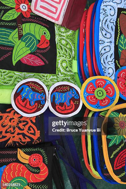 closed up view of colorful mola pieces - mola stock pictures, royalty-free photos & images