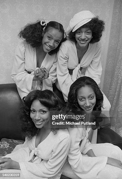 American soul and disco group Sister Sledge, 7th April 1975. Clockwise, from bottom left: Joni Sledge, Kathy Sledge, Kim Sledge and Debbie Sledge.