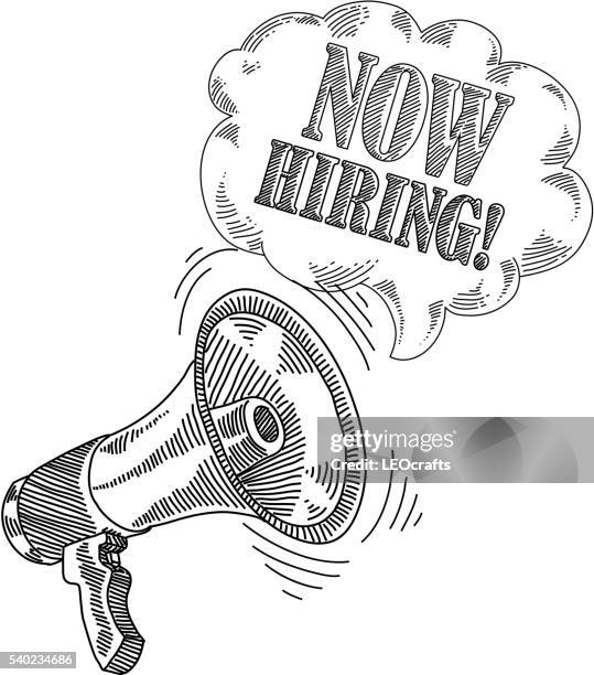 megaphone and speech bubble with now hiring text drawing - work in progress sign stock illustrations