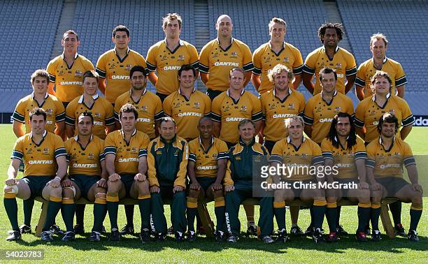 Wallaby players pose for a team photo during the Wallabies Captain's Run held at Eden Park September 2, 2005 in Auckland, New Zealand.