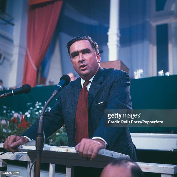 British Labour Party politician and Member of Parliament for Leeds East, Denis Healey pictured addressing the Labour Party conference in Scarborough,...
