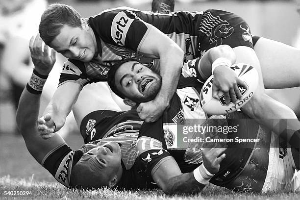 Dylan Walker of the Sea Eagles scores a try during the round 14 NRL match between the Manly Sea Eagles and the Penrith Panthers at Brookvale Oval on...