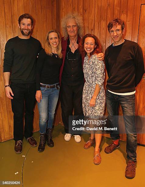 Simon Harrison, Beth Cordingly, Brian May, Ellie Percy and Daniel Weyman visit the West End production of "Sideways: The Play" at the St James...
