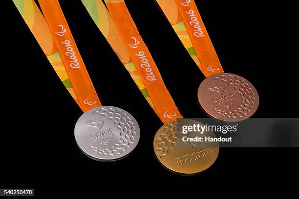 In this handout provided by Jogos Rio 2016, the gold, silver and bronze medals for the 2016 Paralympics, which follows the Summer Olympics, are shown...