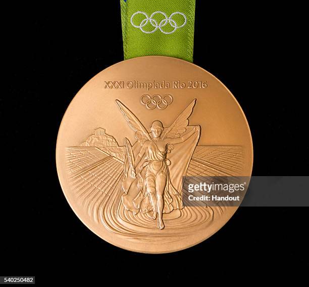In this handout provided by Jogos Rio 2016, the back of the gold medal for the 2016 Summer Olympics is shown June 8, 2016 in Rio de Janeiro, Brazil.