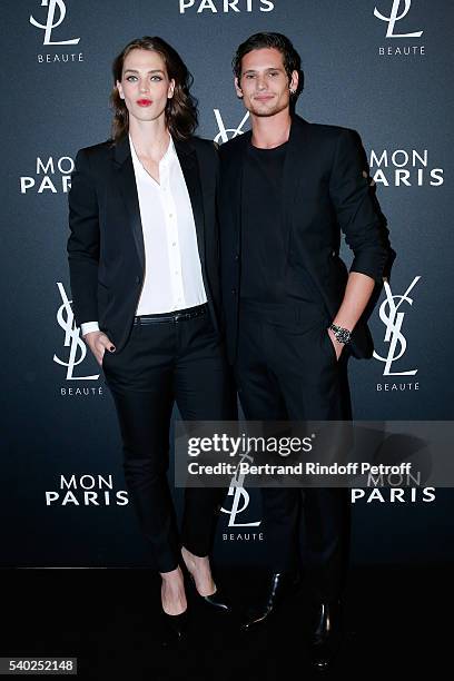 Egeria of YSL Beauty, model Crista Cober and actor Jeremie Laheurte attend YSL Beauty launches the new Fragrance "Mon Paris" at Cafe Le Georges on...