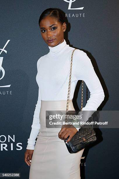 Model Melodie Monrose attends YSL Beauty launches the new Fragrance "Mon Paris" at Cafe Le Georges on June 14, 2016 in Paris, France.