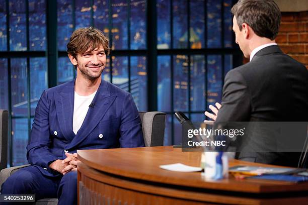 Episode 383 -- Pictured: Actor Michiel Huisman during an interview with host Seth Meyers on June 14, 2016 --