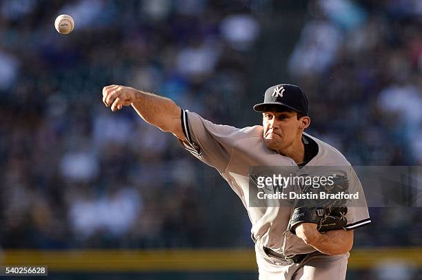 Nathan Eovaldi of the New York Yankees pitches against the Colorado Rockies in the first inning during a regular season interleague game at Coors...