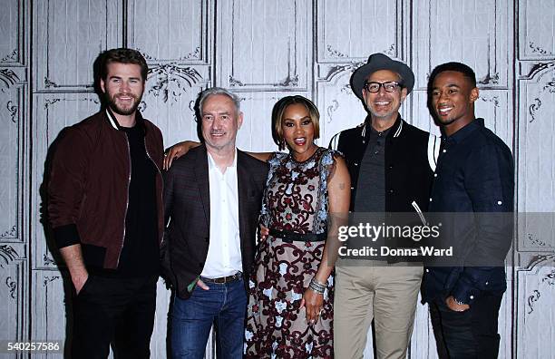 Liam Hemsworth, Roland Emmerich, Vivica A. Fox, Jeff Goldblum and Jessie T. Usher appear to promote "Independence Day: Resurgence" during the AOL...