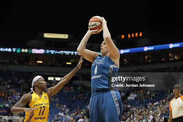 Janel McCarville of the Minnesota Lynx shoots against the Indiana Fever during the game on June 14, 2016 at Target Center in Minneapolis, Minnesota....