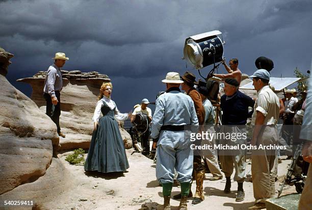 Actress Patrice Wymore gets ready on set, as a film crew films the movie "Rocky Mountain" on location in Gallop, New Mexico. Starring Errol Flynn and...