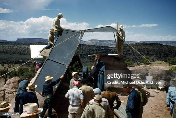 Actress Patrice Wymore gets ready on set, as a film crew films the movie "Rocky Mountain" on location in Gallop, New Mexico. Starring Errol Flynn and...