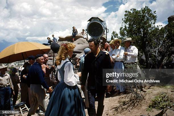 Actress Patrice Wymore gets ready on set, as a film crew films the movie "Rocky Mountain" on location in Gallop, New Mexico. Starring Errol Flynn and...